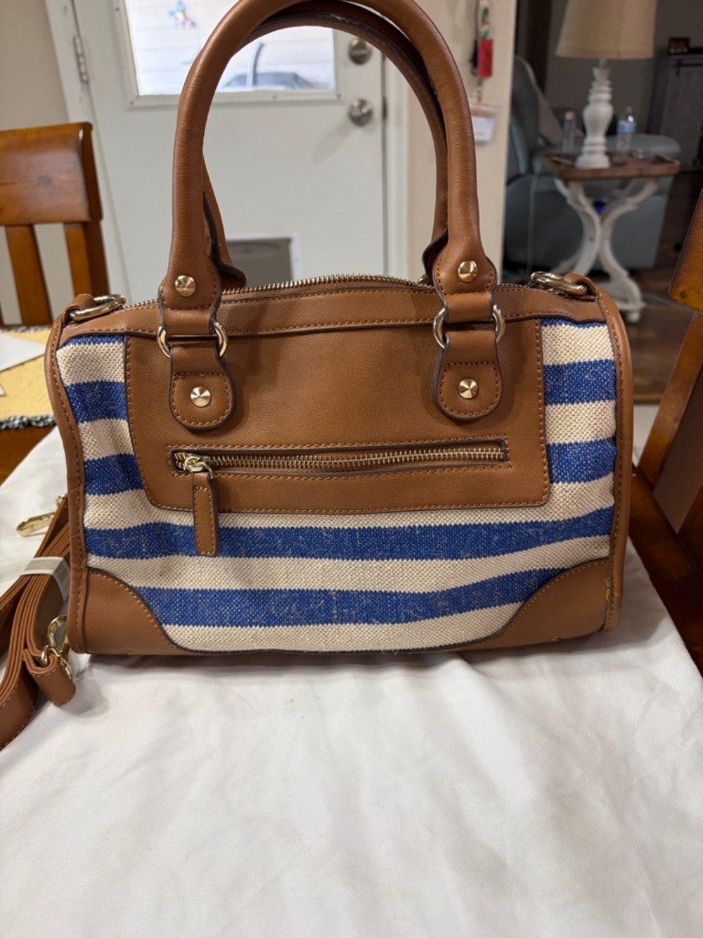 Charming Charlie Tan Leather & Blue Striped Satchel